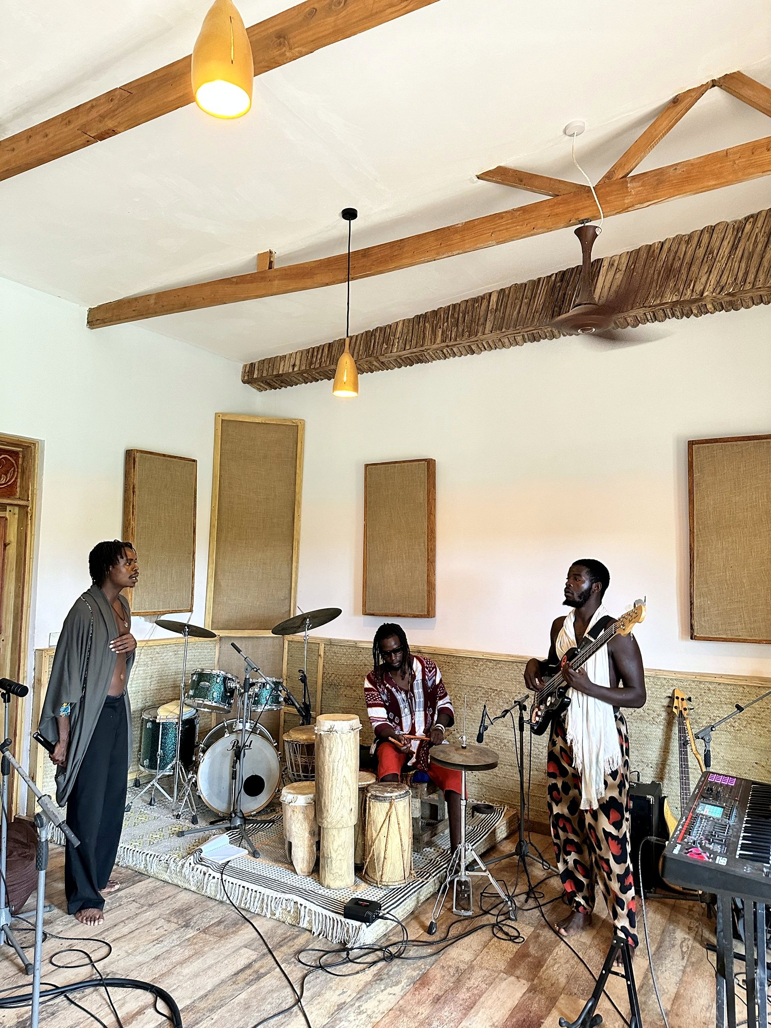 A band performing live in Baobab Studio's recording room